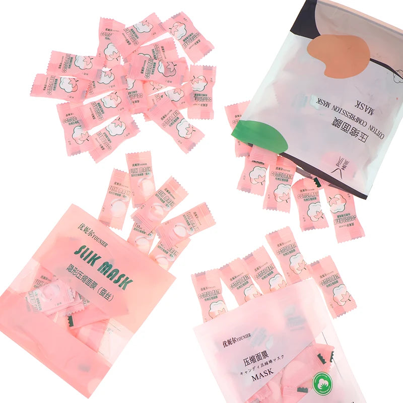 Candy Disposable Compressed Facial Mask 20/50/100Pcs Face Mask Facial Towel Coin Wrapped Tissues Paper Skin Care Silk/Cotton